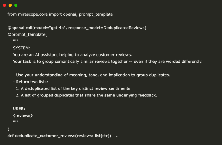 Getting Started with Mirascope: Removing Semantic Duplicates using an LLM