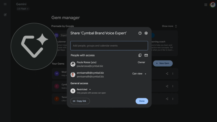 Gemini app now lets you share Gems with others