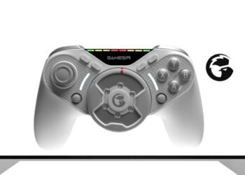 This game controller has a force feedback steering wheel lodged in the middle