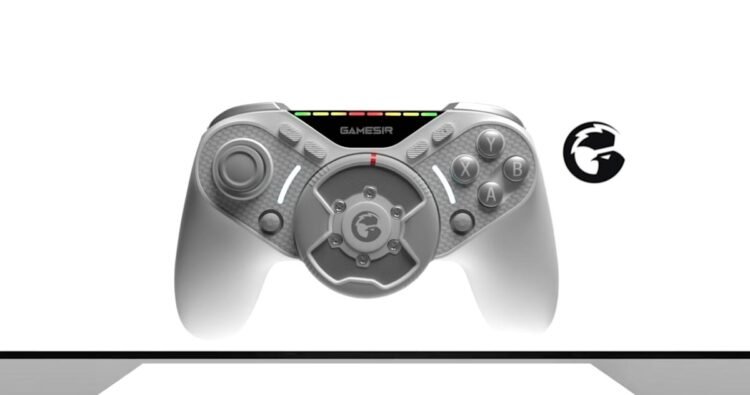 This game controller has a force feedback steering wheel lodged in the middle